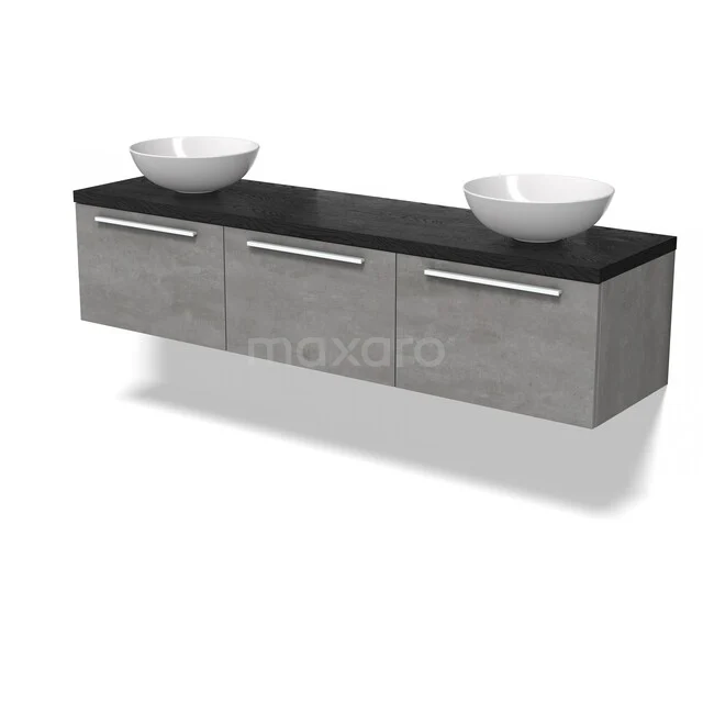 Grey floating bathroom unit with double worktops, black natural stone worktop and modern metal handles.