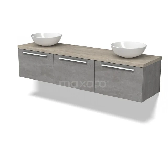 Grijze badkamermeubel set met houtlook blad en dubbele wastafel, modern design, ideaal voor een stijlvolle badkamer.