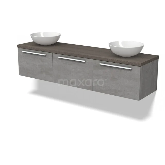 Grauer hängender Badschrank mit Betonlook, Holzplatte und doppeltem weißen Aufsatzwaschbecken; stilvolle Aufbewahrungslösung.