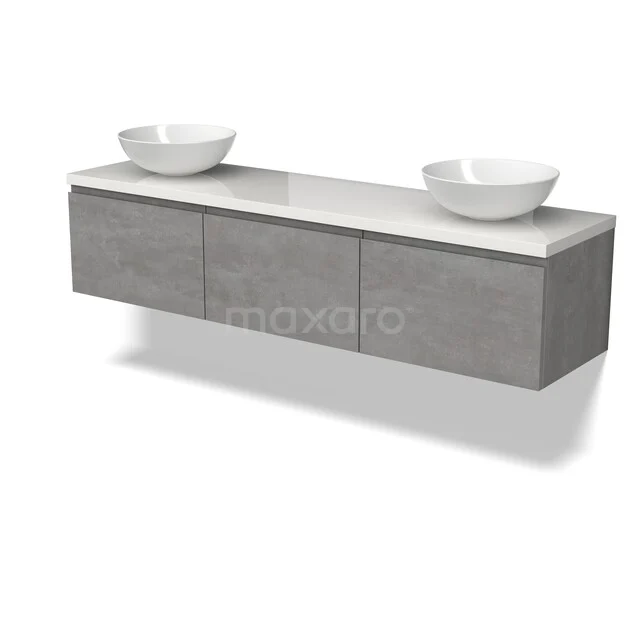 Grijze zwevende badkamermeubelset met betonlook, drie lades en dubbele witte waskommen, modern design.