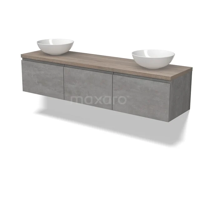 Grijze badkamerkast met houtlook, modern design, drie lades en dubbele witte waskommen, ideaal voor luxe badkamers.