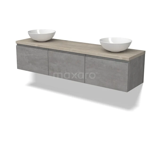 Grijze badkamermeubelset met houten blad, dubbele waskommen en moderne uitstraling; ideaal voor een stijlvolle badkamer.