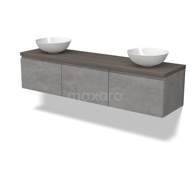 Modulo Plato Badmöbel mit Aufsatzwaschbecken | 180 cm Hellgrauer Beton Grifflos front Dunkelbraune Eiche blatt 3 nebeneinanderliegende Schubladen BMK33-00252 Modern graues Badezimmermöbel mit Holzoptik Platte und zwei weißen Aufsatzwaschbecken, strakes Design der Urban Serie.
