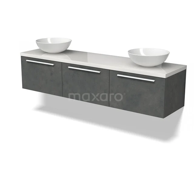 Graue schwebende Badmöbelset mit doppelten Aufsatzwaschbecken, schlichtes Design, ausgestattet mit drei grifflosen Schubladen.