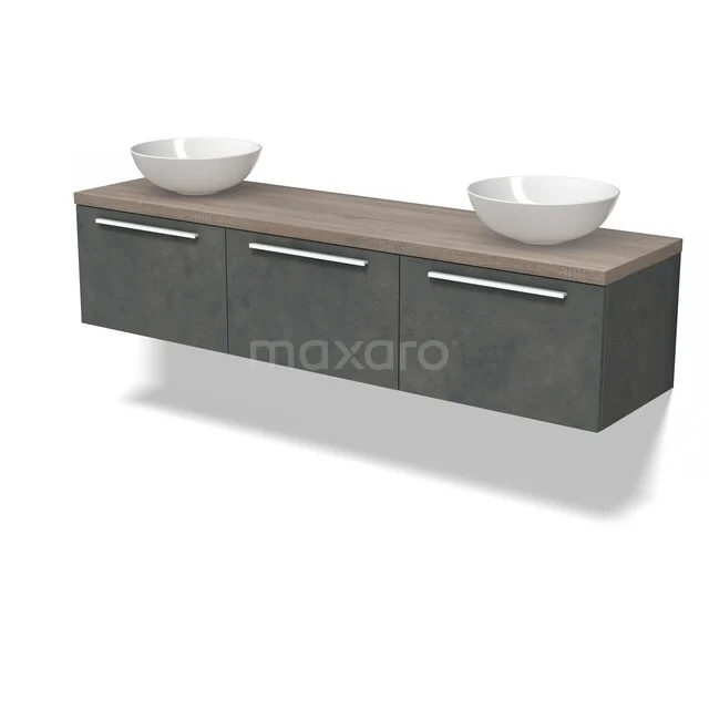 Antraciet badkamermeubel met houtlook blad, dubbele waskom en chique grepen; strak design en praktisch voor elke badkamer.
