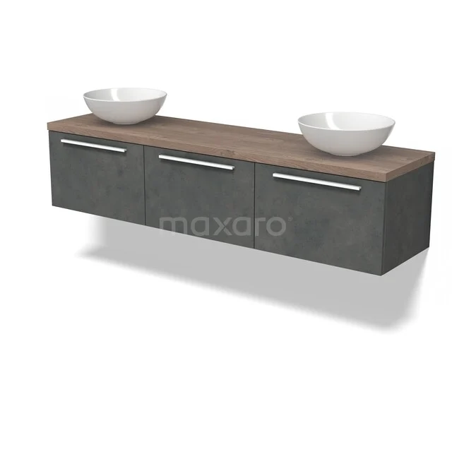 Grey wooden bathroom unit with double countertop wash basins, three storage compartments and modern handles.
