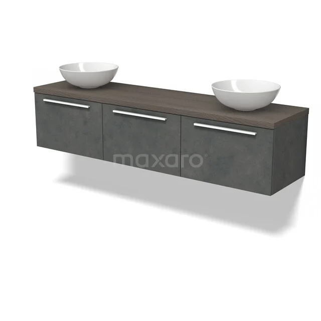 Product BMK33-00261 BMK33-00261 Badezimmermöbel Grau Betonlook mit Holzplatte, Doppelwaschbecken und drei Schubladen, modernes und stilvolles Design.