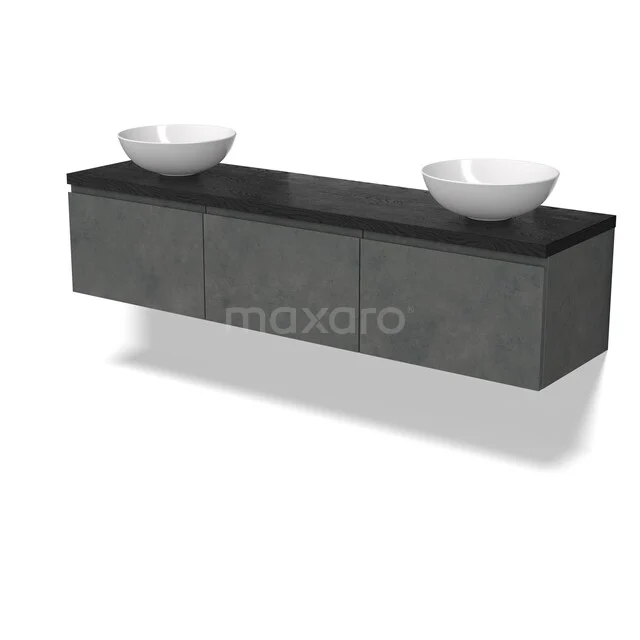 Zwevende betongrijze badkamermeubelset met dubbele wastafelkommen en zwarte blad, modern design.