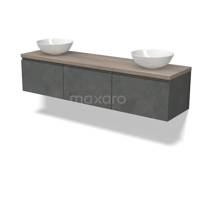 Grijze hangende badkamermeubelset met betonlook en houten blad, inclusief twee witte waskommen voor een moderne uitstraling.