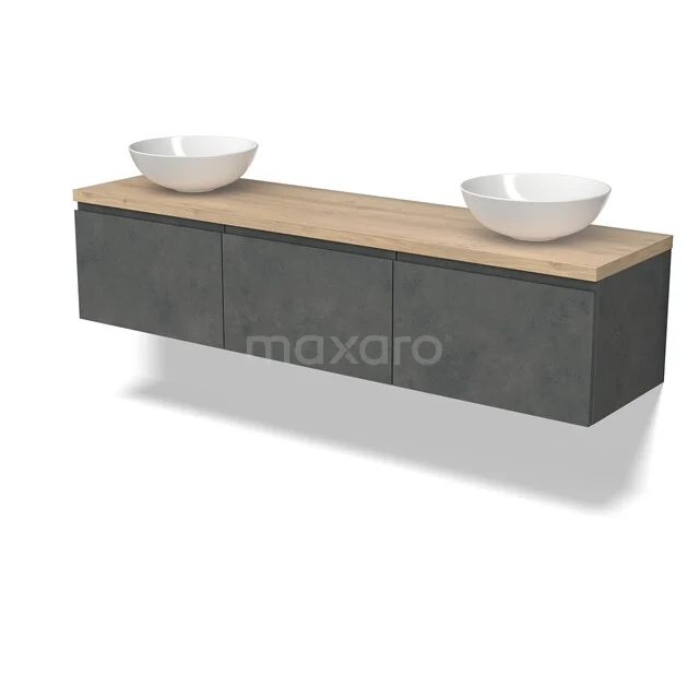 Moderne badkamermeubelset met betongrijze lades, houten blad en twee witte waskommen, stijlvol en praktisch design.