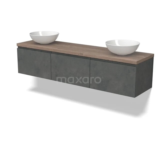 Graue schwebende Badmöbelset mit Holzlook Platte, doppelten weißen Aufsatzwaschbecken und drei geräumigen Stauraumfächern.