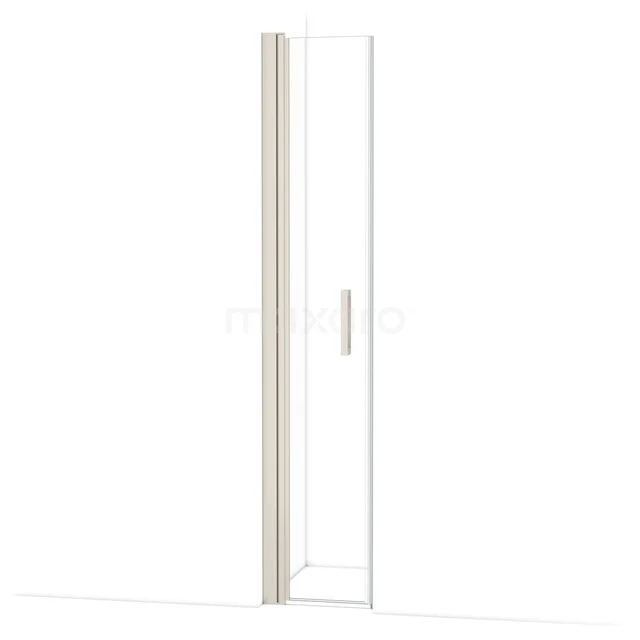 Glazen douchedeur met slank chromen handvat, helder glas en minimalistisch design, geschikt voor moderne badkamers.