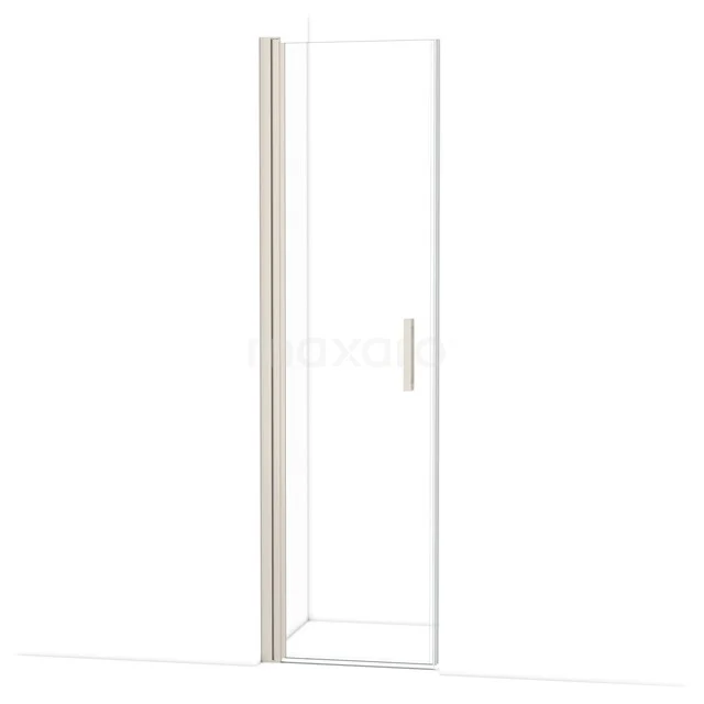Helder glazen douchedeur met slank aluminium frame en handige metalen handgreep, perfect voor een moderne badkamer.