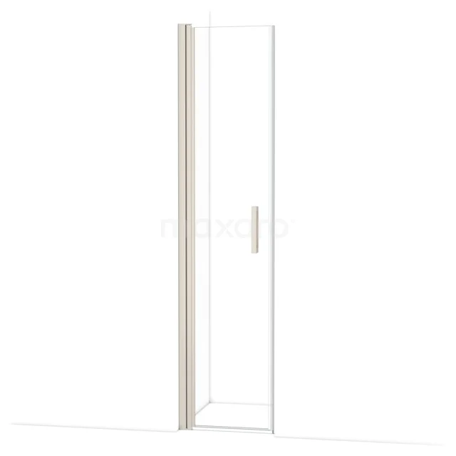 Transparante glazen douchedeur met zilverkleurig profiel en minimalistisch handvat, ideaal voor een moderne badkamer.
