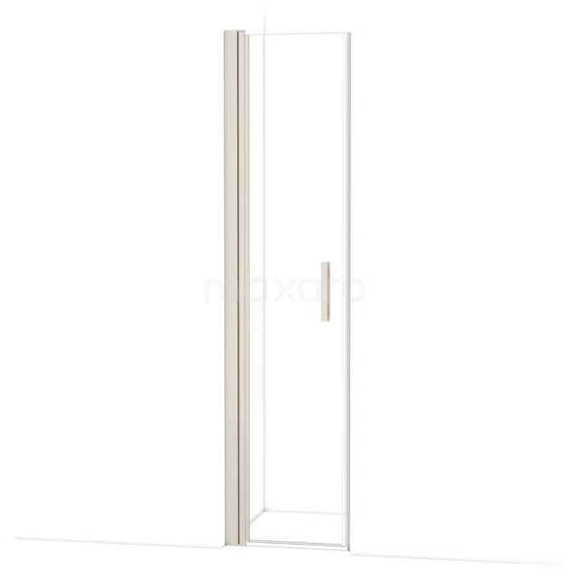 Glazen douchedeur met zilveren handgreep, strak design en mat witte omlijsting; ideaal voor een moderne badkamer.