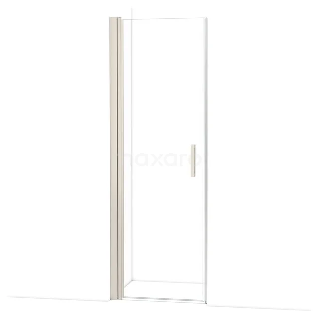 Glass shower door with transparent design, silver handle and matte white frame, perfect for modern bathrooms.