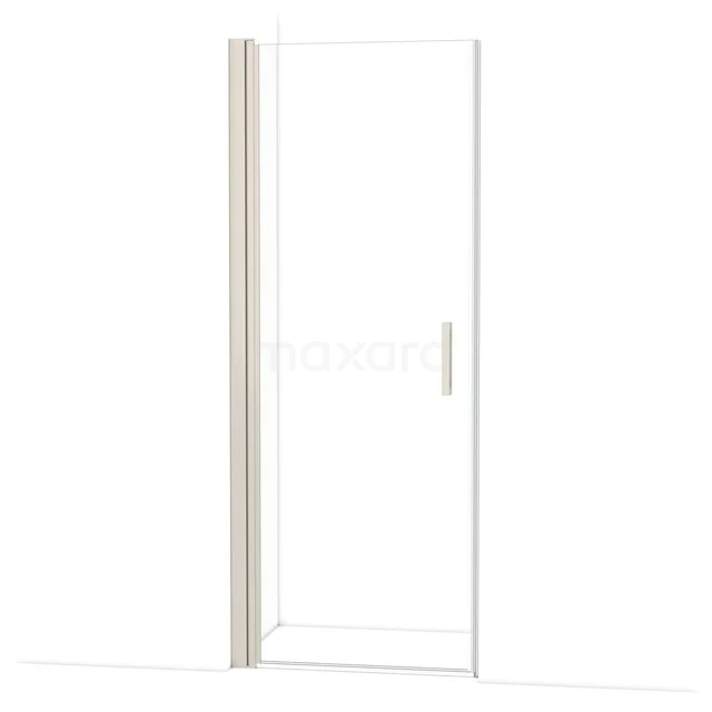 Glass shower door with sleek design, transparent and equipped with a metal handle, ideal for a modern bathroom.
