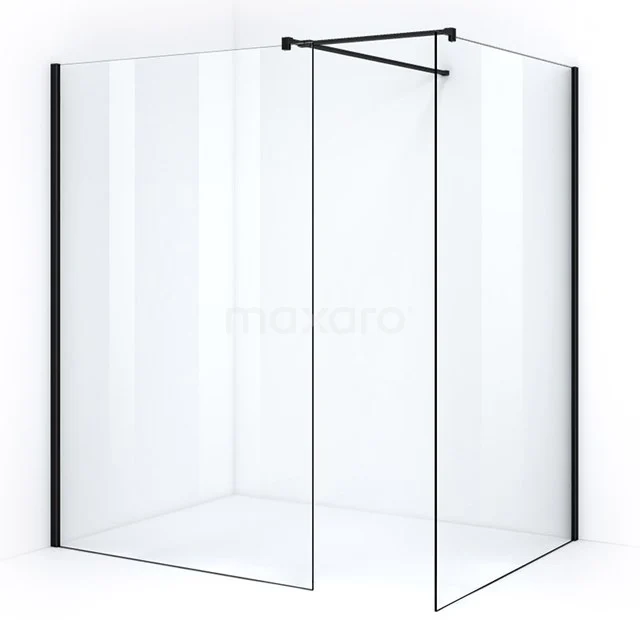 Pearl begehbare Dusche | 130x130 cm Matt Schwarz 2 feste Wände IPB1313500M Transparente begehbare Dusche mit Matt Schwarz Profilen, Eckaufstellung und Klarglas, ideal für einen modernen Badezimmerstil.