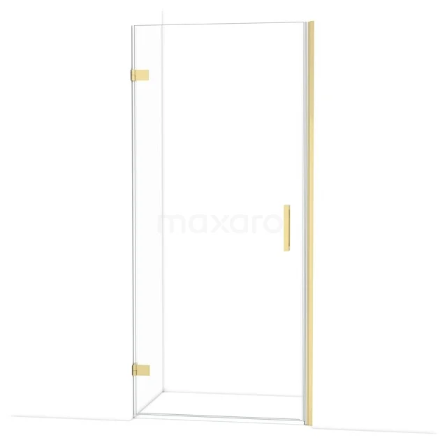 Glazen douchedeur met gouden scharnieren en handgreep, strak design; perfect voor een moderne badkamer.