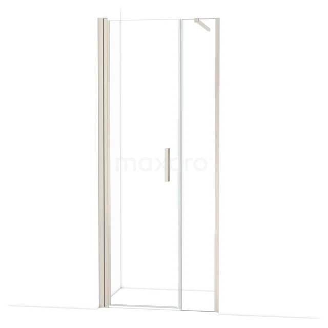 Douchedeur met helder glas en wit aluminium frame, voorzien van strakke handgreep, ideaal voor een moderne badkamer.