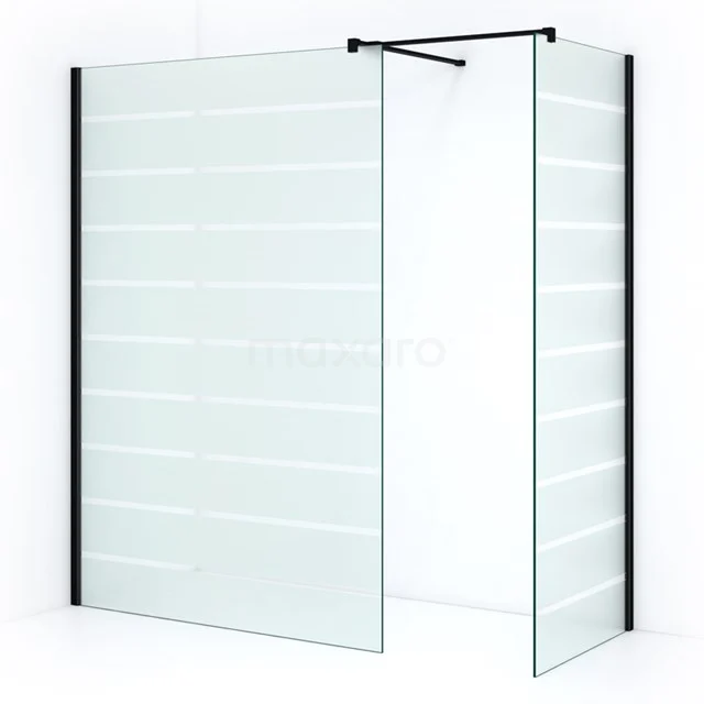 Pearl Walk-in shower | 140x90 cm Matte black Clear with matt stripes 2 fixed walls IPB1409506M Walk-in shower with black frame, clear glass and horizontal lines, perfect as a stylish addition to the modern bathroom.