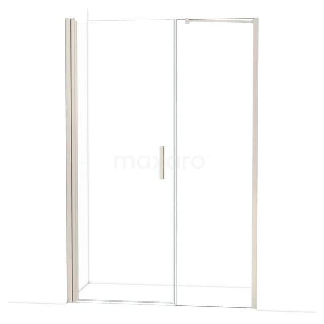Glazen douchedeur met mat zilveren omlijsting, strak design; ideaal voor moderne badkamerinrichting.