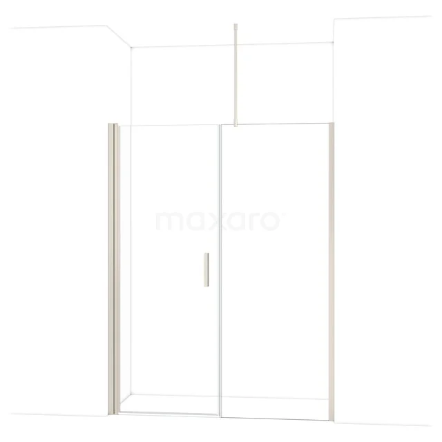 Douchedeur met helder glas, zilveren profielen en strakke handgreep, ideaal voor een moderne badkamerinrichting.