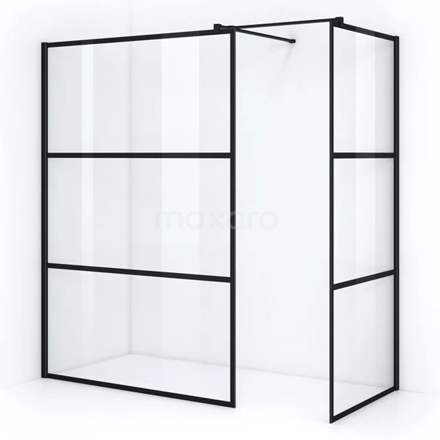 Black metal shower screen with industrial look, clear glass and frame; stylish addition for modern bathrooms.