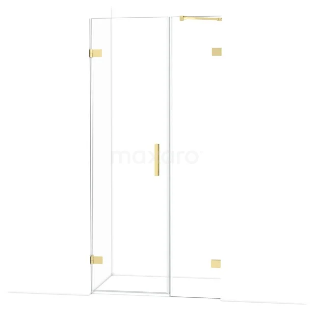 Glas Duschkabine mit goldfarbenen Scharnieren und Haltegriff, elegantes Design und perfekte Ergänzung für ein modernes Badezimmer.