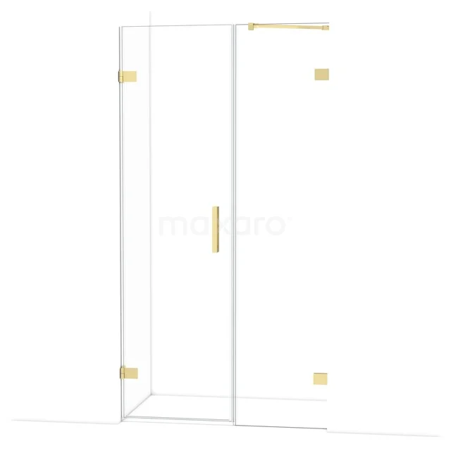 Glasene Duschtür mit goldfarbenen Metallscharnieren und Haltegriff, modernes Design für stilvolles Badezimmer.