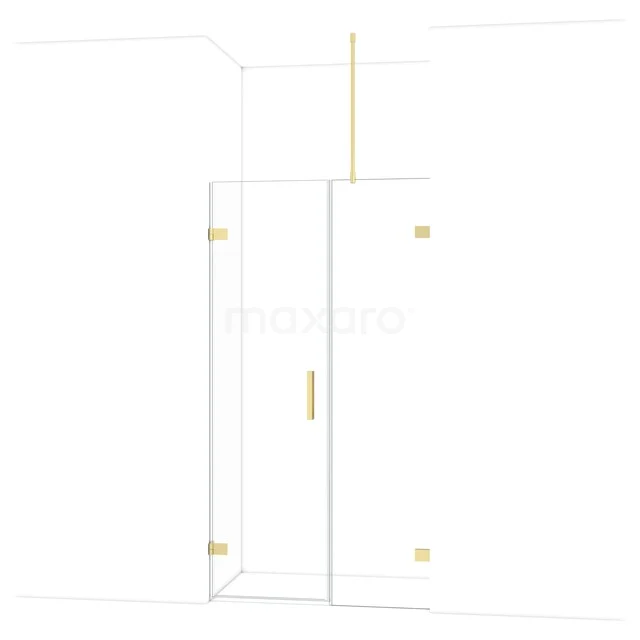 Glass shower door with brass details, sleek design and minimalist frame, perfect for a modern bathroom.