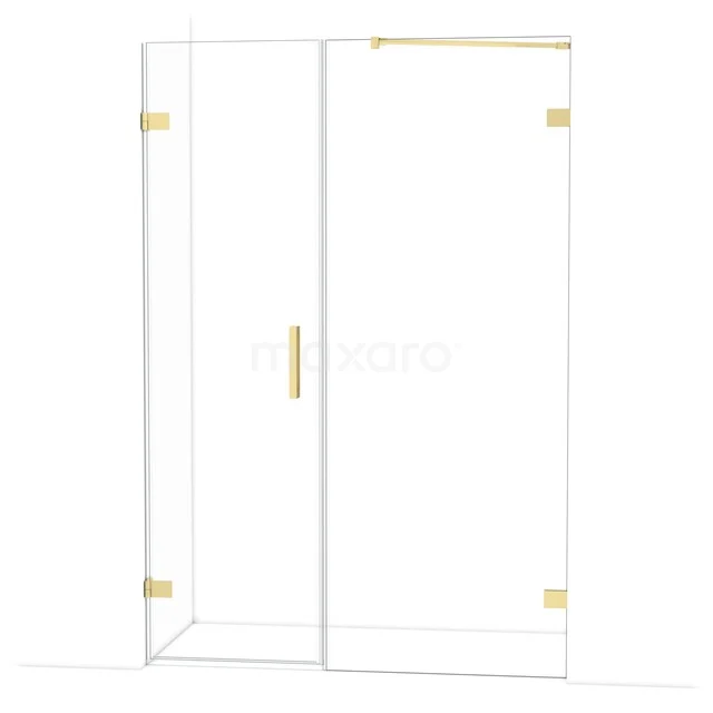 Duschtür mit goldfarbenen Akzenten, Drehtür aus Klarglas, modernes Design, ideal für ein stilvolles Badezimmer.