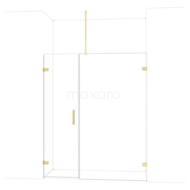 Walk-in shower with door, gold accents, clear glass; modern bathroom design from a luxury series.