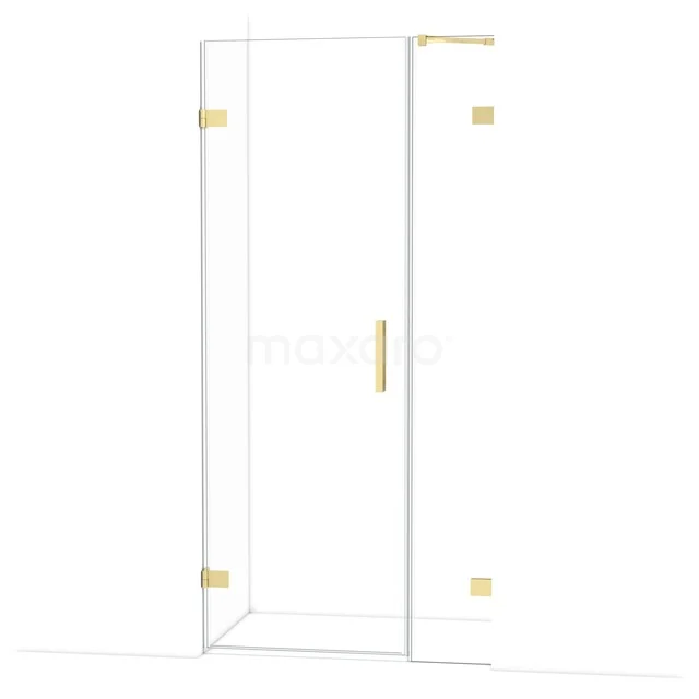Glass shower enclosure with gold accents, minimalist design, ideal for a modern bathroom style.