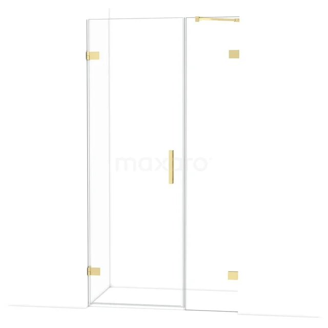 Glasene Duschtür mit goldfarbenen Scharnieren und Haltegriff, schlankes und modernes Design für eine luxuriöse Ausstrahlung im Badezimmer.