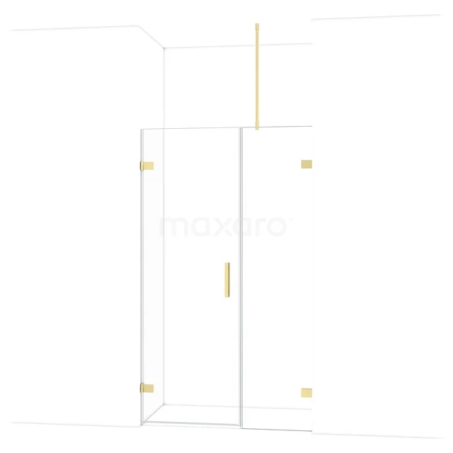 Glass shower screen with gold accents, minimalist design, ideal for a modern bathroom.