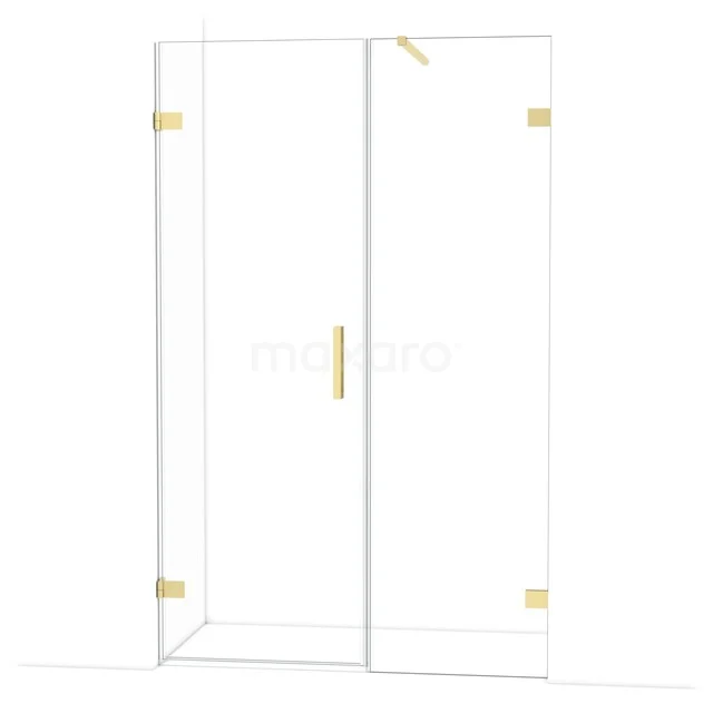 Glass shower door with gold-coloured hinges and handle, modern design for a luxurious bathroom.