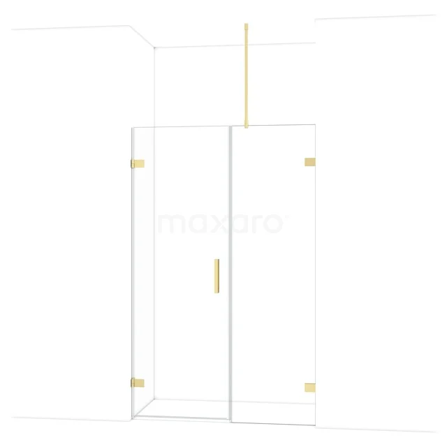 Glass shower screen with door, gold-coloured hinges and Handle, frameless design, ideal for a modern bathroom.