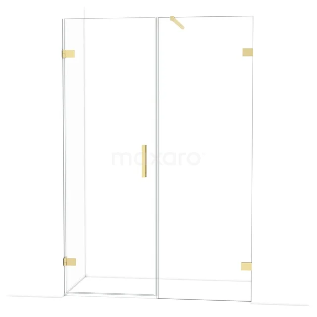 Glass shower door with clear glass panels, gold-coloured hinges and Handle, ideal luxury addition for any bathroom.