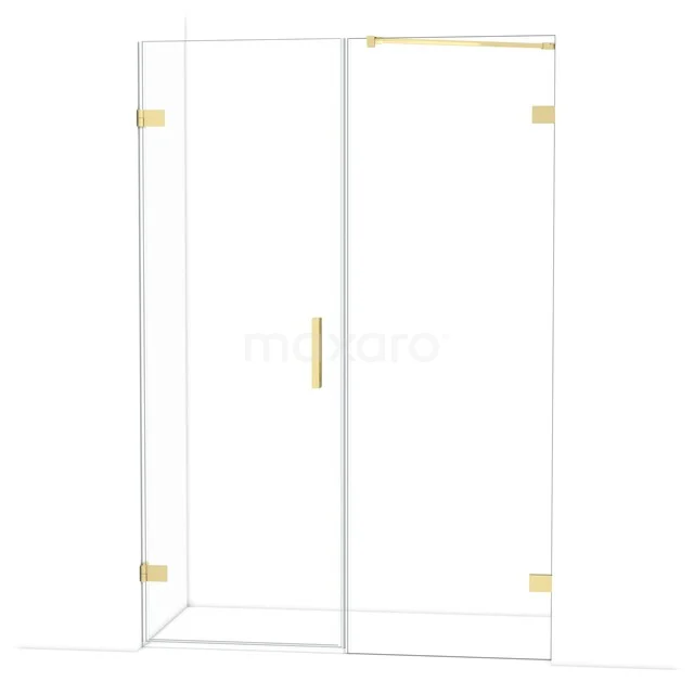 Glazen douchedeur met gouden accenten, strak design, geschikt voor moderne badkamers, voorzien van een elegant metalen handvat.