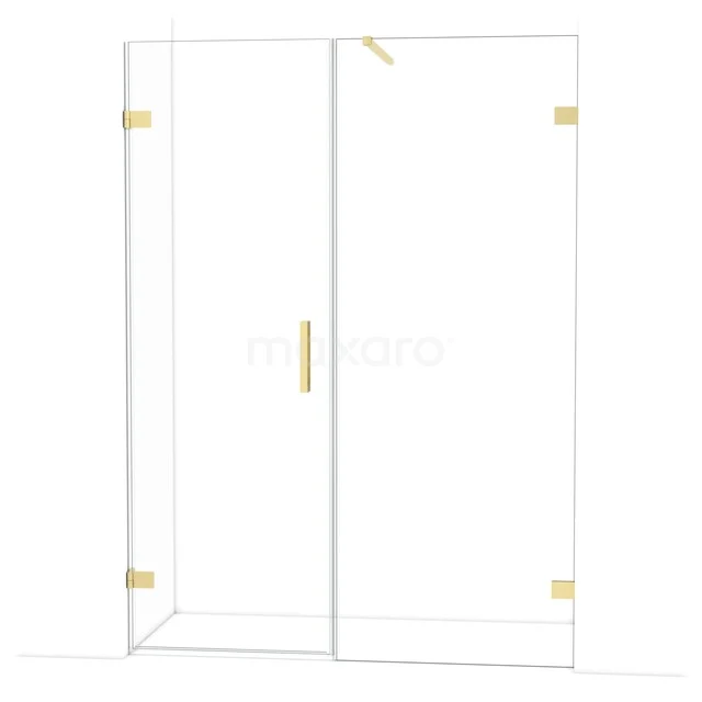 Glazen douchewand met gouden scharnieren en handgreep, modern design ideaal voor luxe badkamerinterieurs.