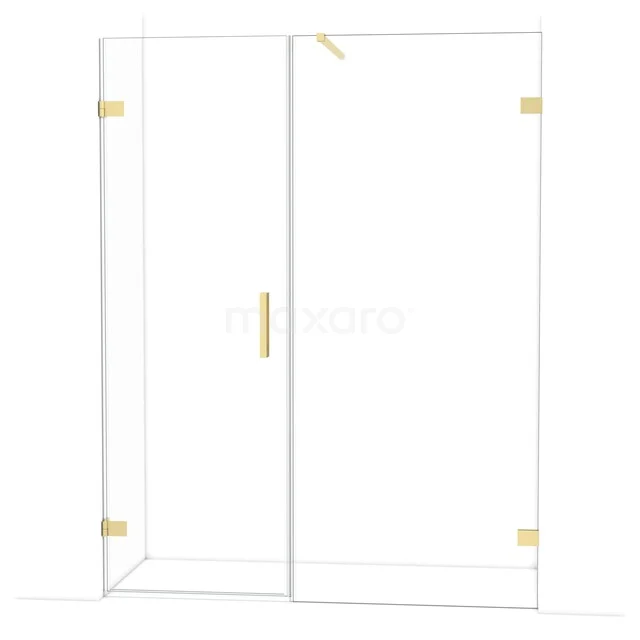 Shower screen made of clear glass with gold-coloured hinges and handle, modern design, ideal for a luxurious bathroom.