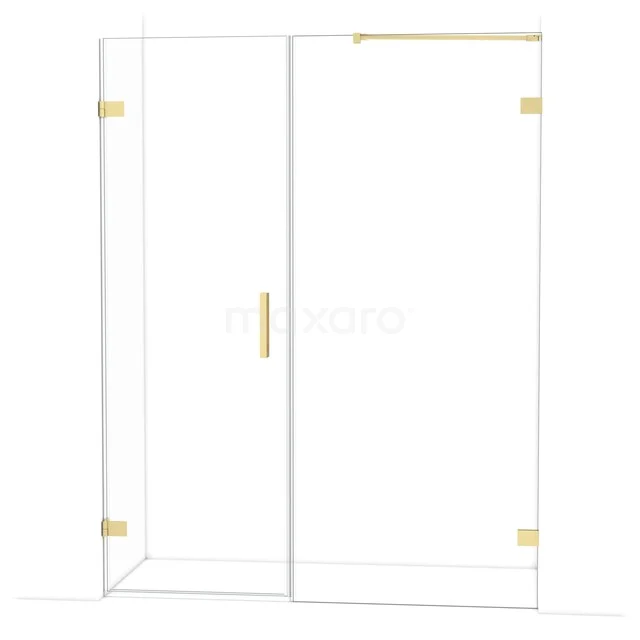 Glass shower screen with sliding door, gold-coloured details, modern design, ideal for luxury bathroom design.