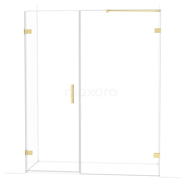 Glass shower screen with gold-coloured hinges and Handle, modern design for stylish bathroom decoration.