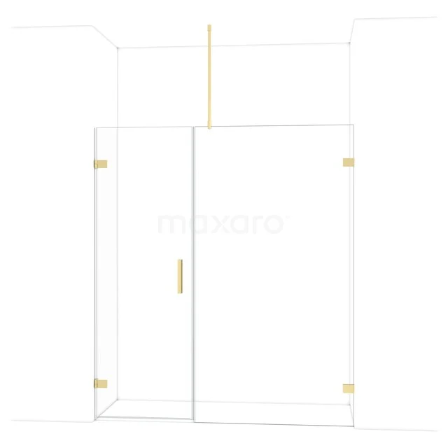 Sleek glass shower door with gold-coloured handle, suitable for modern bathrooms. Minimalist design, stylish finish.