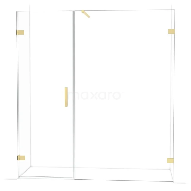 Glazen douchewand met gouden details, rechthoekig design, geschikt voor moderne badkamers, gemaakt van gehard veiligheidsglas.