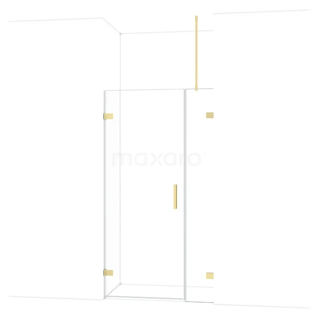 Glasene Duschtür mit goldfarbenen Scharnieren, modernes Design und sauber verarbeitet, ideal für ein luxuriöses Badezimmerinterieur.