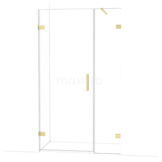 Clear glass shower screen with gold-coloured hinges, modern design for a stylish bathroom.