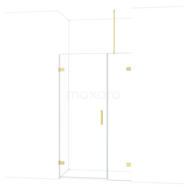 Glass shower door with gold details, modern design, ideal for a luxurious bathroom style.