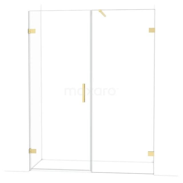 Transparent glass shower screen with gold accents, sleek design, ideal for a modern bathroom.